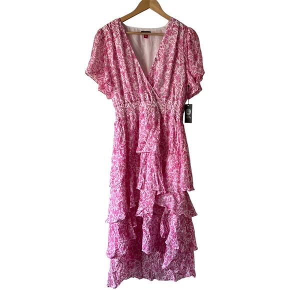 Vince Camuto Women’s Large Pink Floral Tiered Ruffle Short Sleeve Dress Boho - Picture 1 of 13